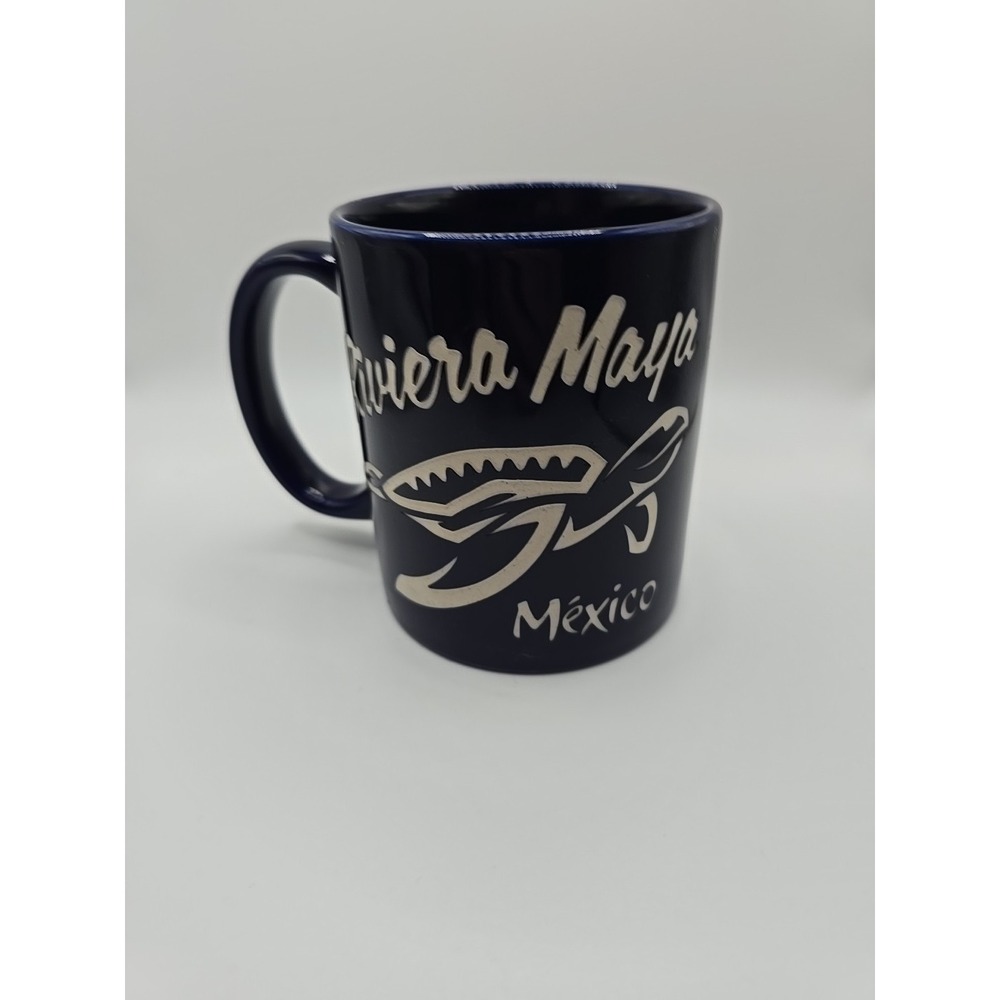 New Rivera Maya Mexico  Coffee Mug Navy‎ Blue Ceramic Stoneware Etched Turtle
